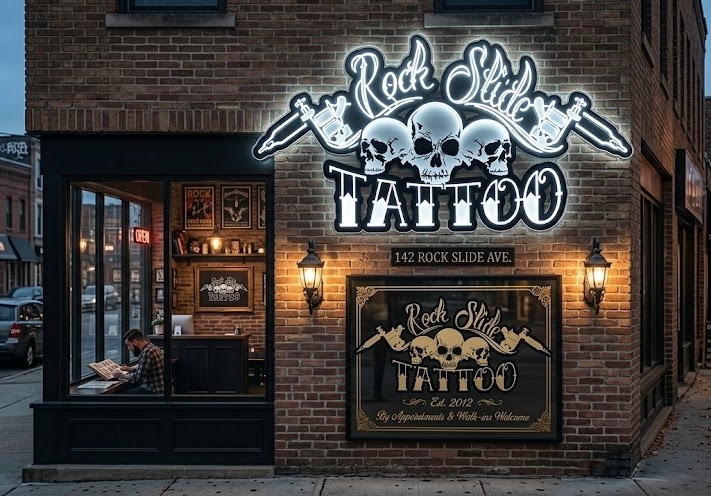 Espaço de atendimento do estúdio Rock Slide Tattoo